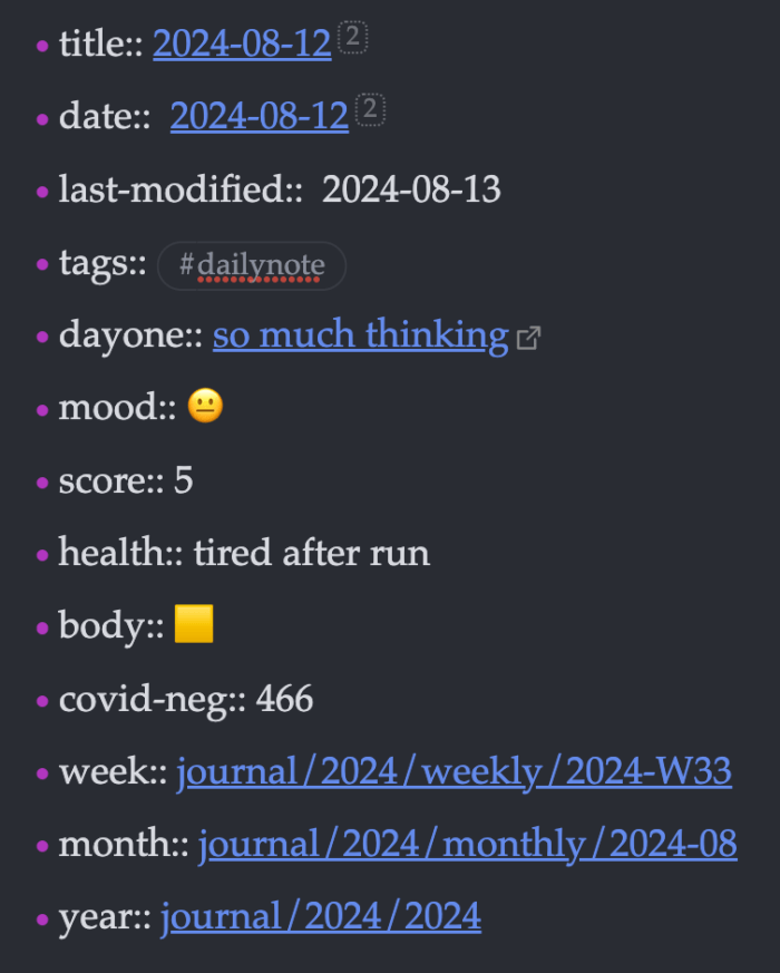 screenshot of Obsidian showing the data fields I enter daily